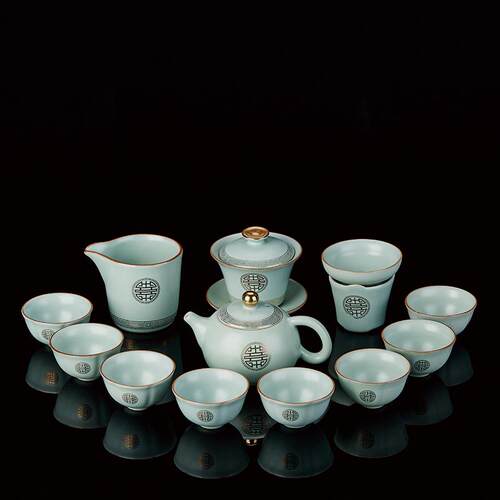 正品高夫档茶汝窑功茶具泡套装汝道描金汝瓷家用陶瓷金福茶茶壶杯