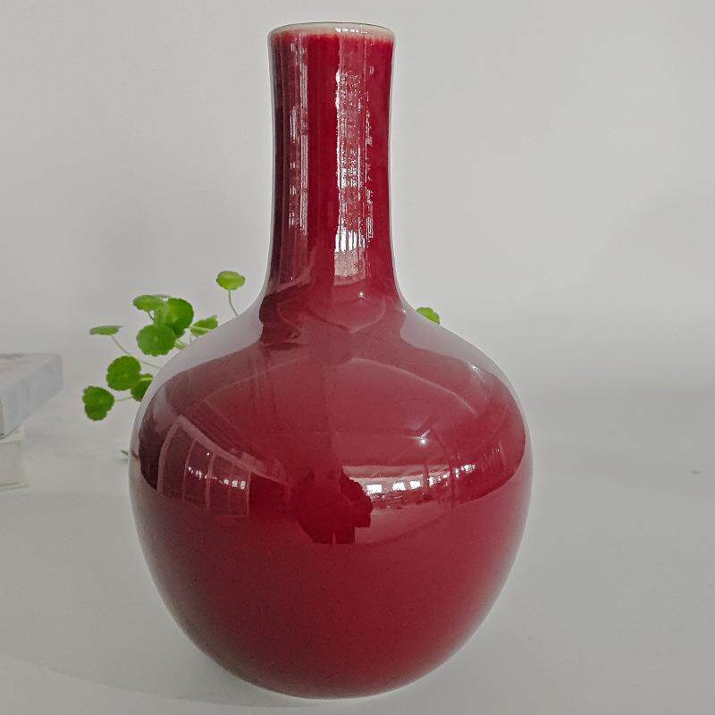 新中式陶瓷郎红手工花瓶摆件家居客厅玄关插花仿真电视柜餐桌装饰