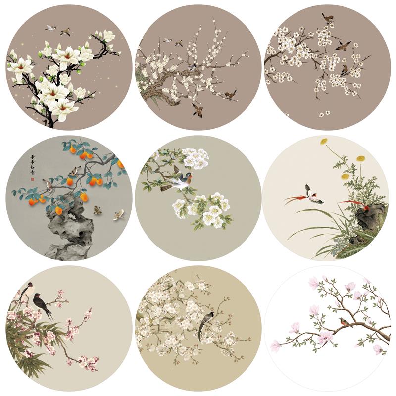 新中式粘贴画客厅餐厅沙发墙画复古花鸟喜上眉梢玄关圆形装饰画芯图片