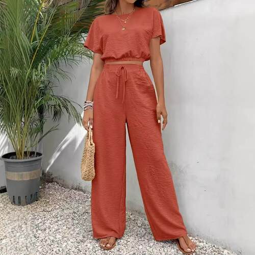 Women's Solid Color Short Sleeve Top & Wide Leg Pants