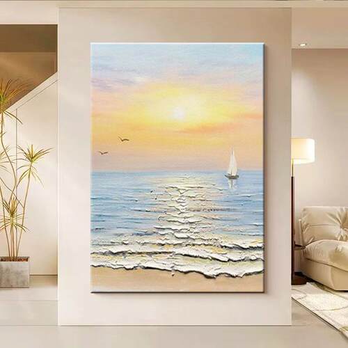 纯手绘油画奶油风客厅装饰画海浪日出立体肌理高档儿童房卧室挂画