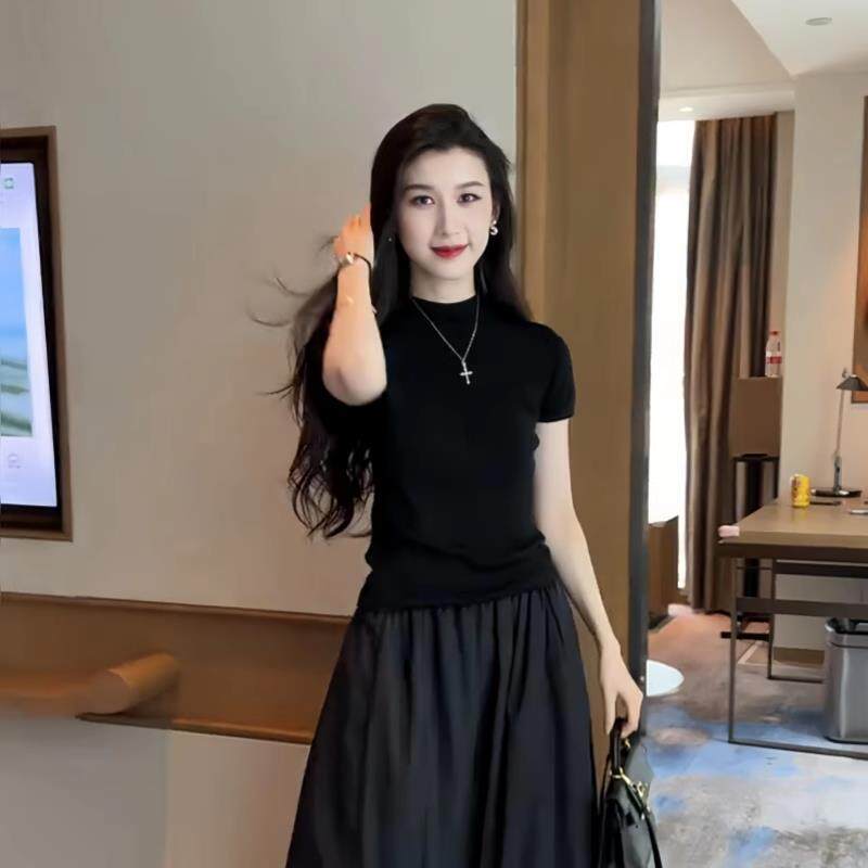 半高领短袖t恤女夏季2025新款修身显瘦高级感内搭针织打底衫上衣