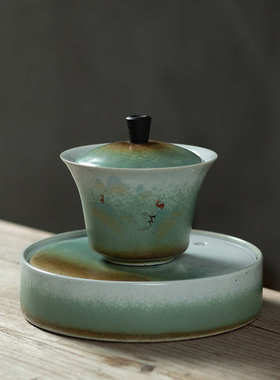 提茶碗盖碗陶瓷杯杯粗承青花乐复古陶壶焕彩三才备茶敬茶木斑陶银