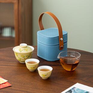 羊脂玉蜡黄釉盖碗2杯功夫旅行茶具小套装 快客杯 户外便携包便携式