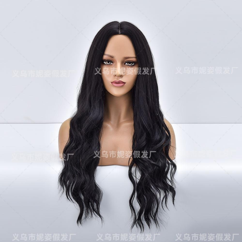 新款直销亚马逊新品欧美女士假发中分长卷发黑色化纤假发头套现货