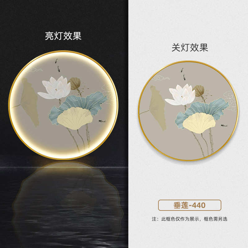 新半透明装饰画禅意画床头茶餐厅纱发光客厅圆形画led灯中式灯光图片