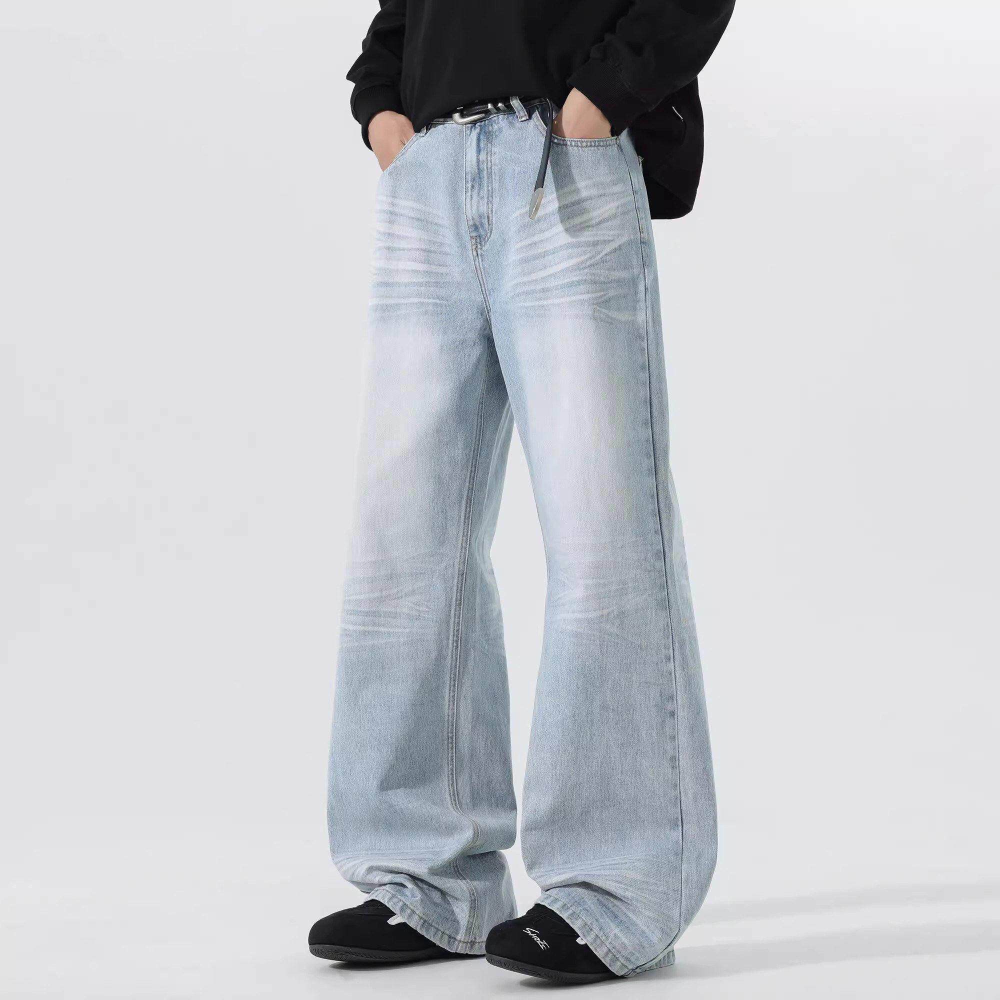 香港潮牌牛仔裤男夏季新款美式潮牌cleanfit浅色微喇宽松直筒裤子