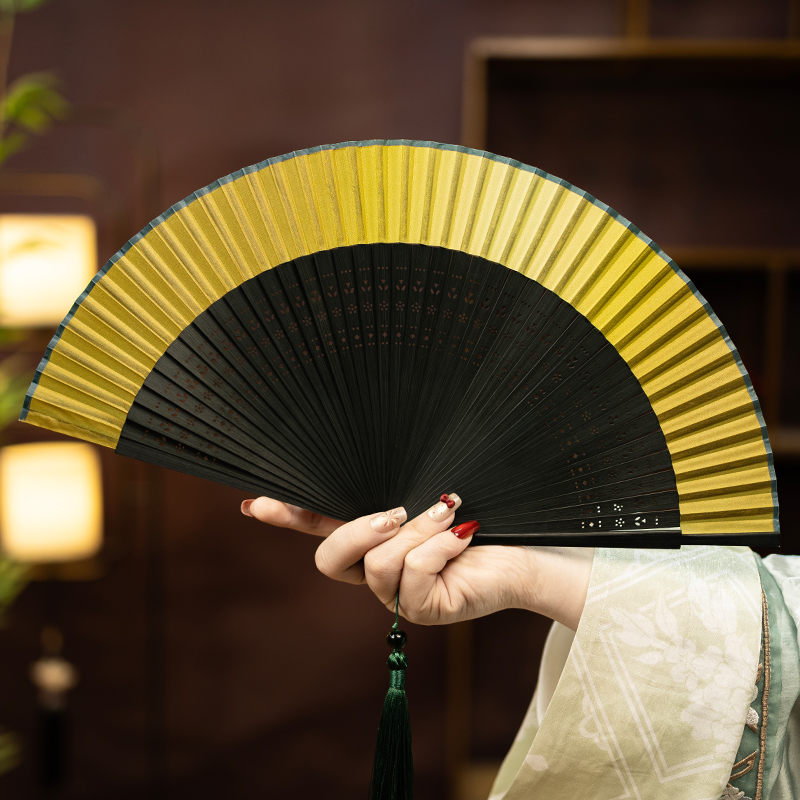 丝艺堂古风折扇子中国风折叠女扇小古风便携渐变空白扇金色绿夏