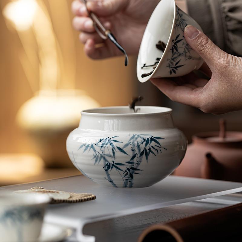 观岚手绘蓝竹建水陶瓷茶洗禅意家用桌面茶渣缸废水桶水盂茶渣桶