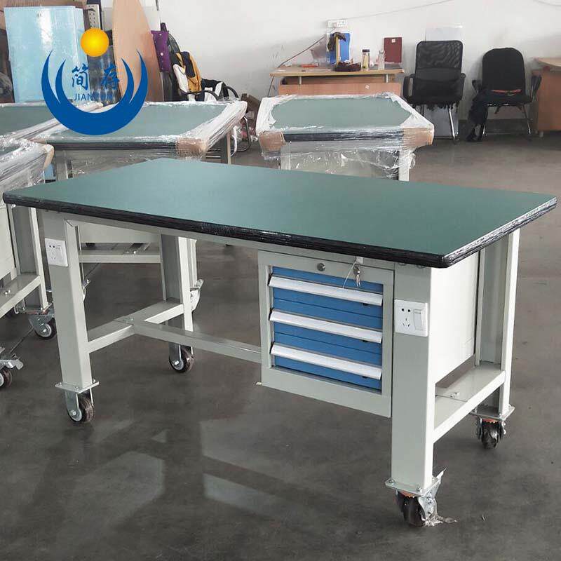移动型三抽重型防静电工作台 吊柜绿色复合桌面钳工桌 铁板操作台