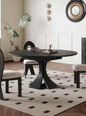 I1黑色岩板餐可缩CZ-0304现代伸简约家用小户餐型法式复桌古风圆