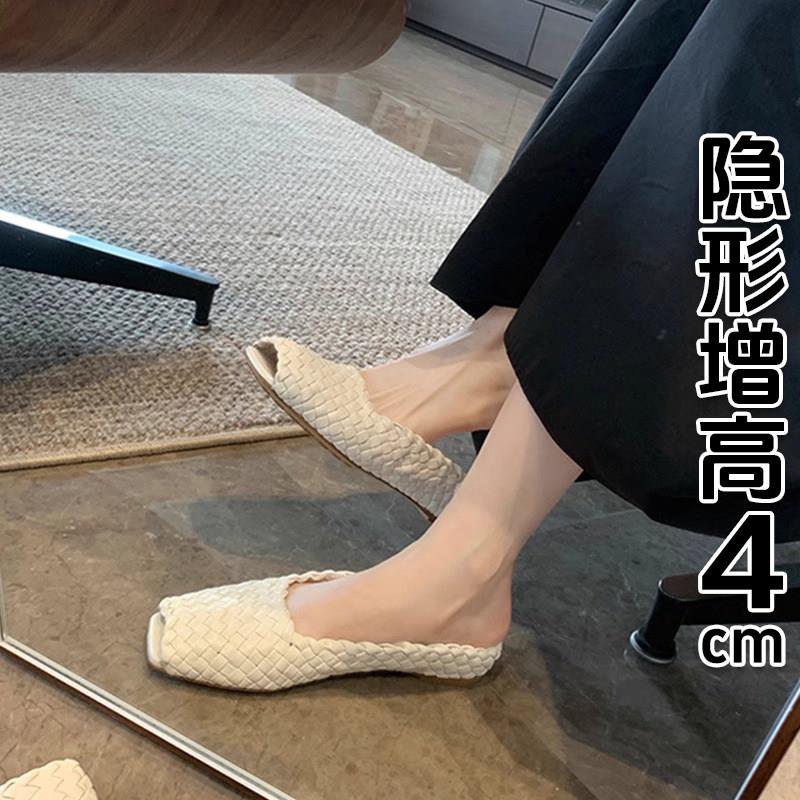 香港手工编织鱼嘴平底拖鞋女2025夏季新款方头后空外穿真皮凉拖女