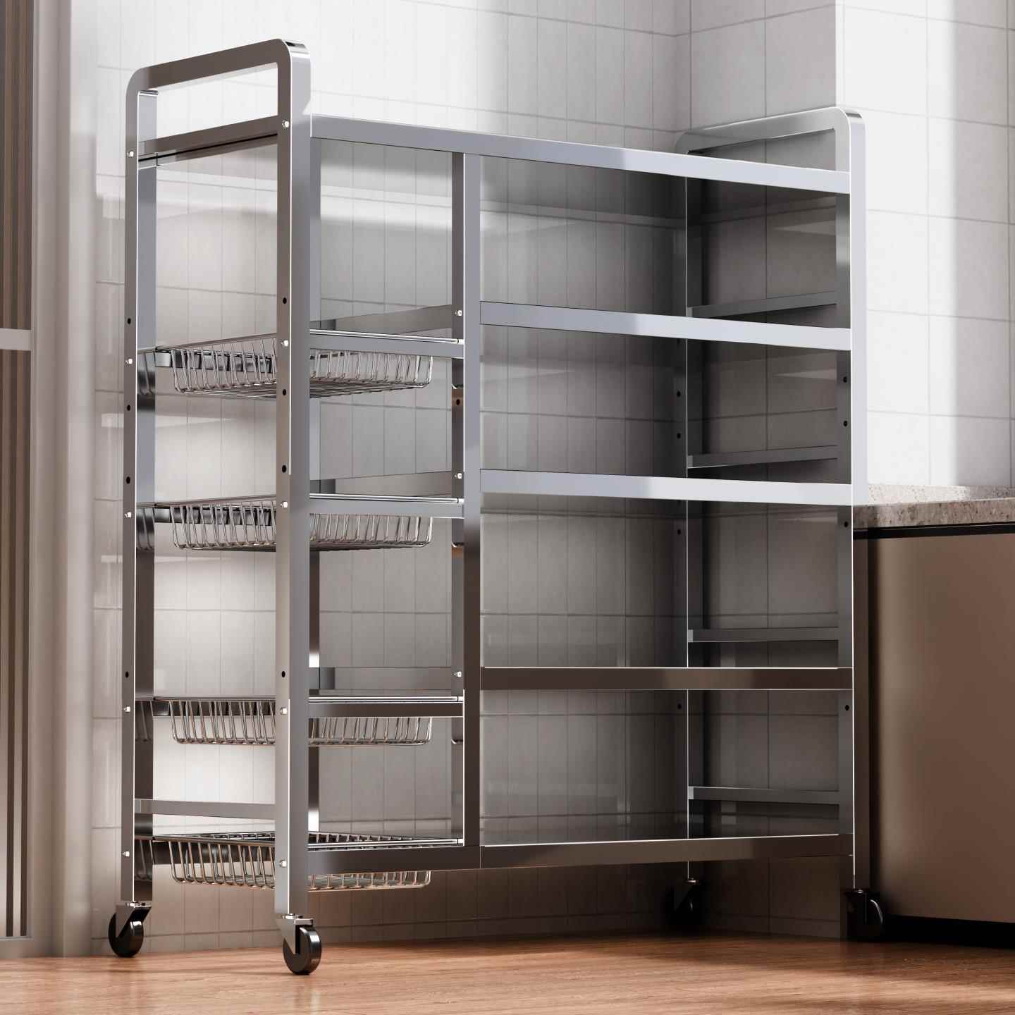 芙蕾米不锈钢菜篮子厨房置物架落地多层多功能微波炉零食架子锅具收纳架床笠拉车