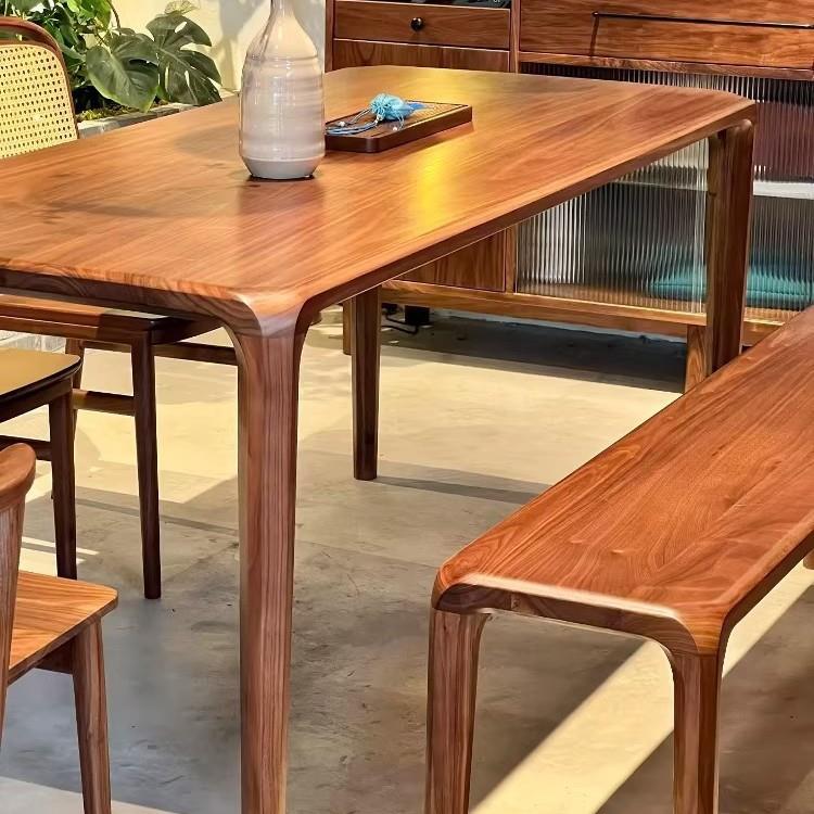 南美胡桃实木餐桌轻简约长凳黑茶桌原奢木榫卯家餐用书桌15866客