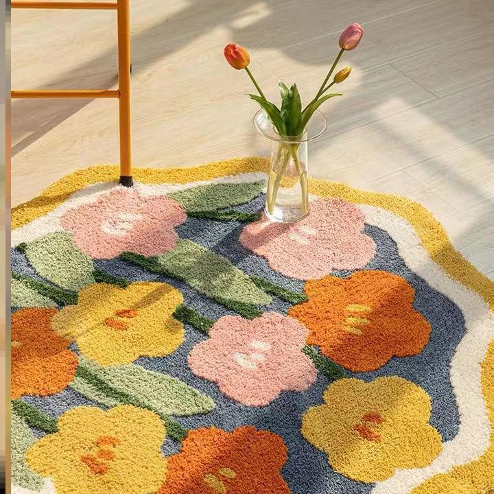 地毯家用茶几毯防滑边卧室床房间郁金香圆形毯沙发毯可爱植绒客厅