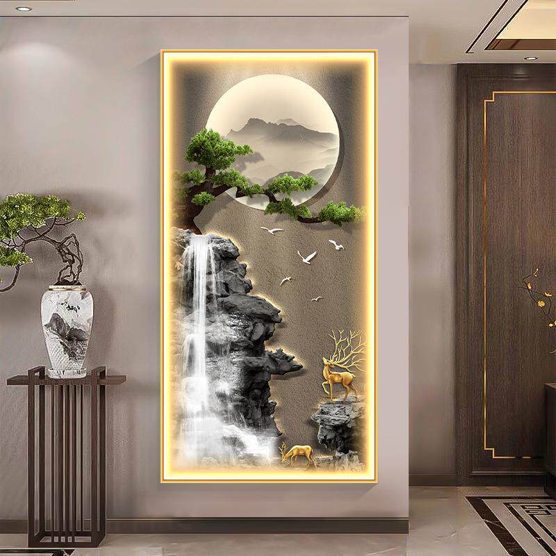 大气走廊过道新中式流水生财挂画进门正对墙轻奢迎客松玄关装饰画