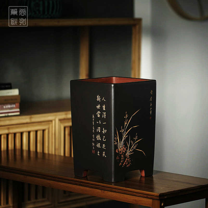 尚扣紫砂 李超手工粉浆四方签筒盆 室内典雅大号绿植桌面兰花盆