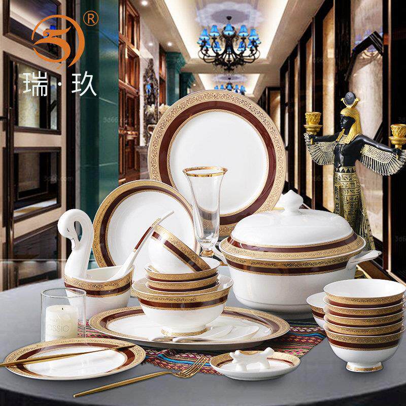 轻奢风格60头骨瓷家庭餐具套装欧式婚礼乔迁餐具碗盘组合盘碗套装