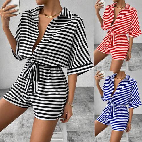 Women's striped shorts with waist cinching jumpsuit