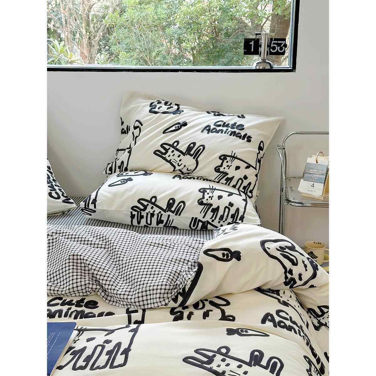 正品ins日式约清新猫咪三单件套全棉纯棉1.5m1.8米简床被套床四上,床上用品,床品套件/四件套/多件套,淘宝优惠券,粉丝福利购,淘宝优惠卷