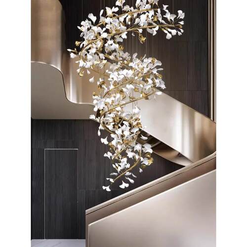 银杏叶别墅挑高loft客厅大吊灯设计师轻奢艺术中空楼梯复式楼灯