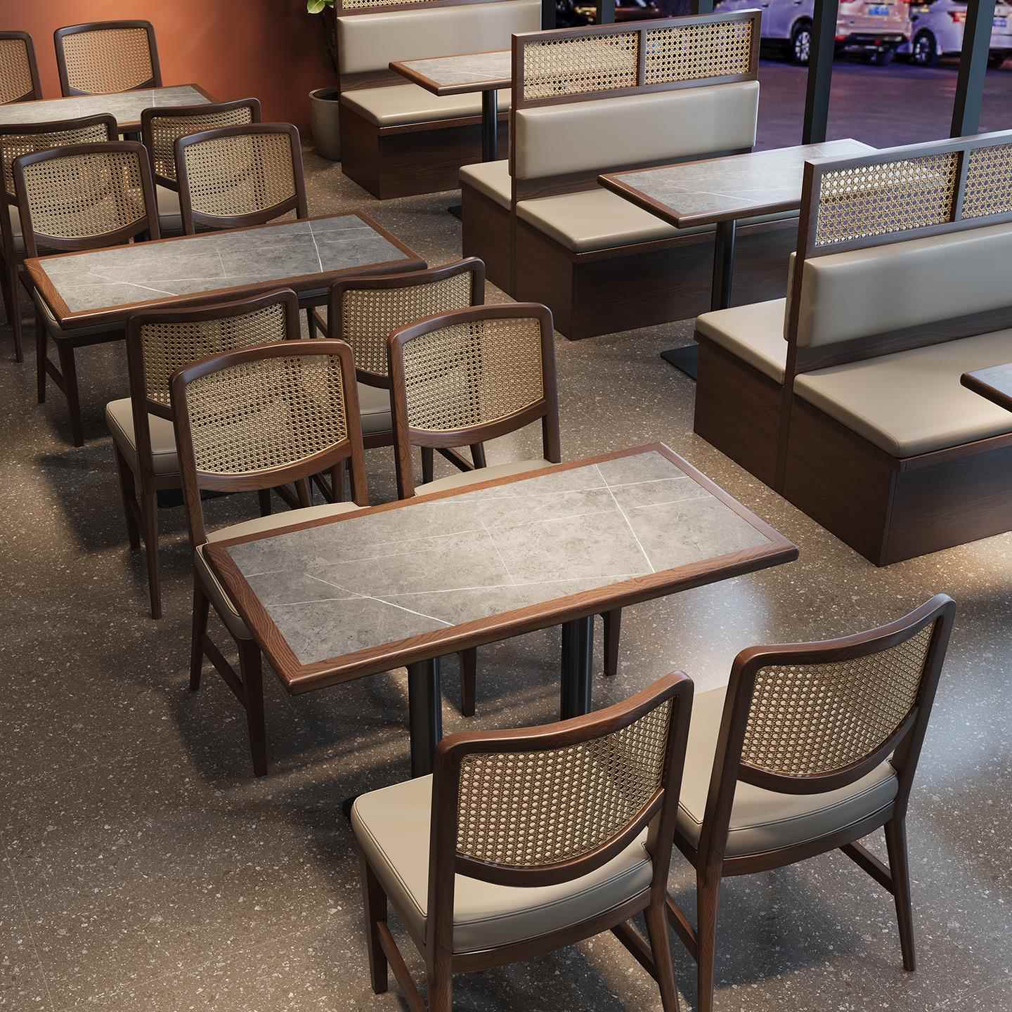 复古藤编餐桌椅组合咖啡厅西餐厅茶餐厅茶楼餐饮店卡座沙发商用