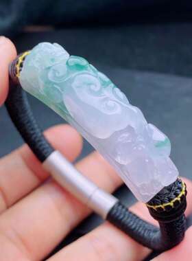 缅甸天然翡翠a货冰飘花貔貅手牌男女款xty尺寸：43.4-12.1-11.4mm