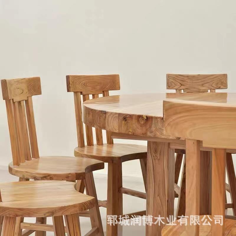 老木榆圆实圆餐桌家榆木餐桌用饭木店酒店桌椅组合形木制桌子新中