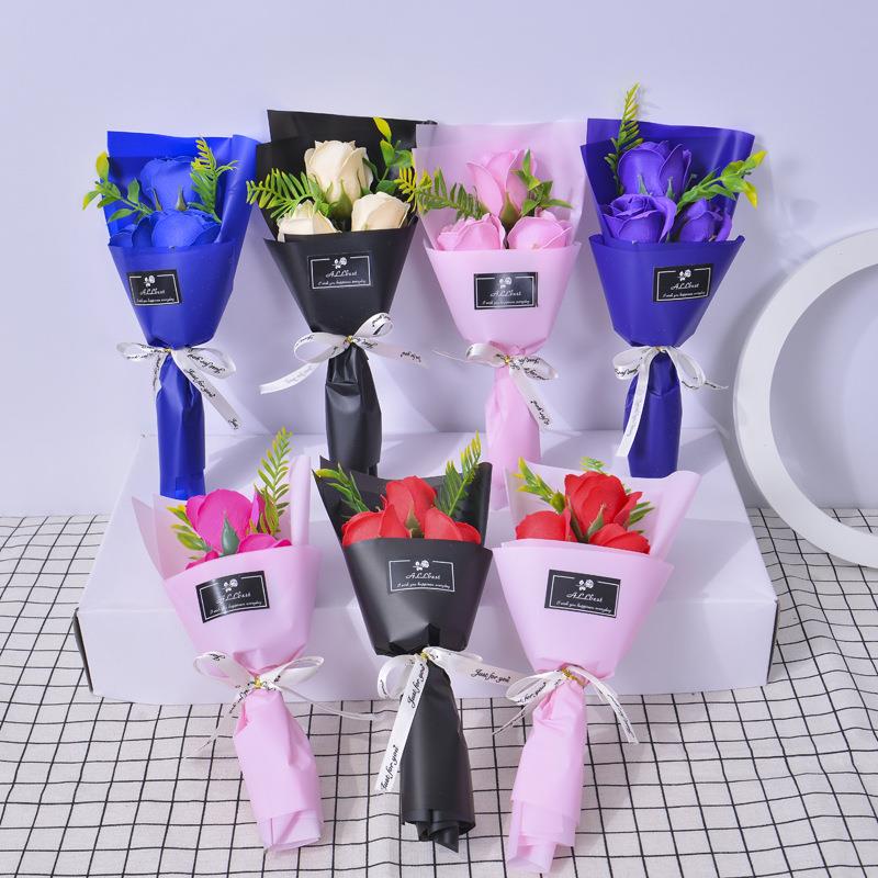 新款直销仿真康乃馨单支玫瑰花束3朵香皂花礼品教师节肥皂花节庆