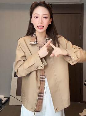 2026春秋新款卡其色格子风衣夹克外套女短款法式复古百搭气质上衣