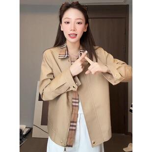 2026春秋新款卡其色格子风衣夹克外套女短款法式复古百搭气质上衣