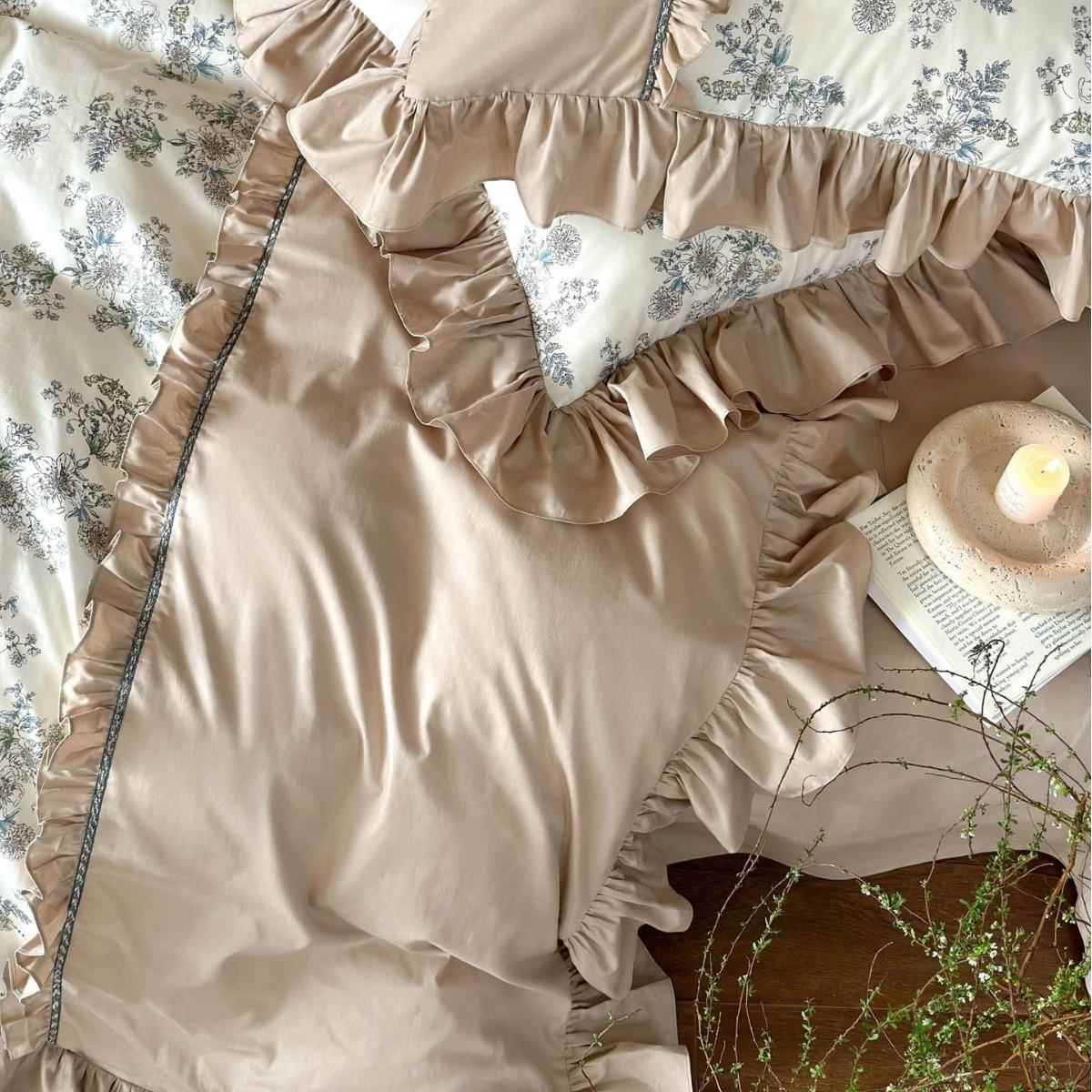 法用式全棉四件套复古花卉印HDR花纯棉荷叶花边被套床单风18m床.