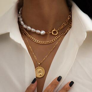 Goth Baroque Pearl Coin Portrait Pendant Necklace for Women