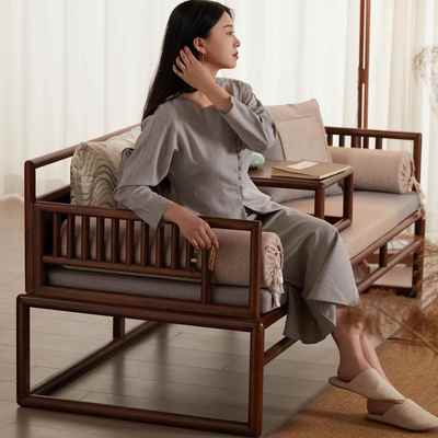 新中式罗汉床实木乌金木沙发床榻茶桌椅组合老榆木推拉床客厅家具