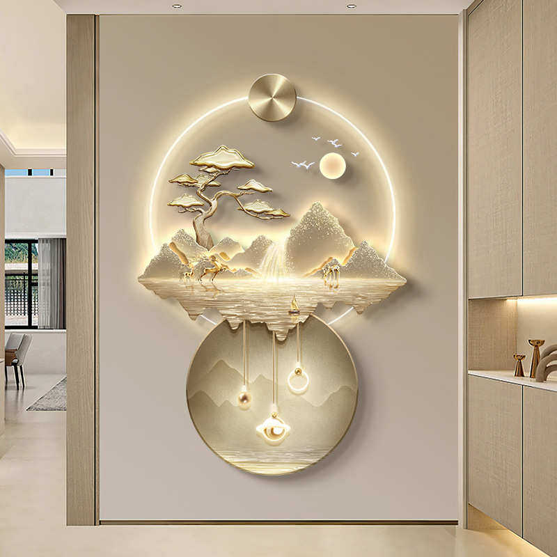 山水画装饰画过道感走廊高级墙现代正对画轻玄关挂画壁灯奢入户门