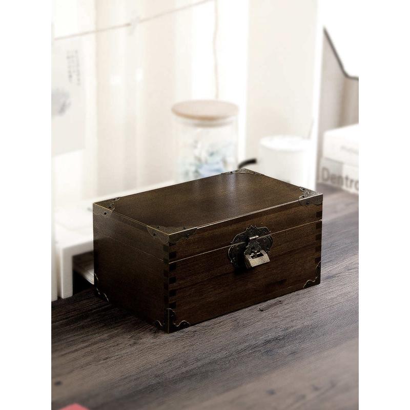 9QXC樟木复古带锁盒子香樟木密码木箱木盒收纳盒实木储物箱子榫卯