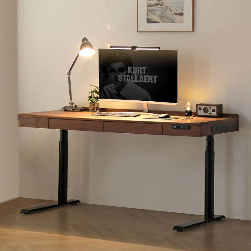 北欧简约实木黑胡桃木电动升降桌自动智能站立式樱桃木电脑桌家用