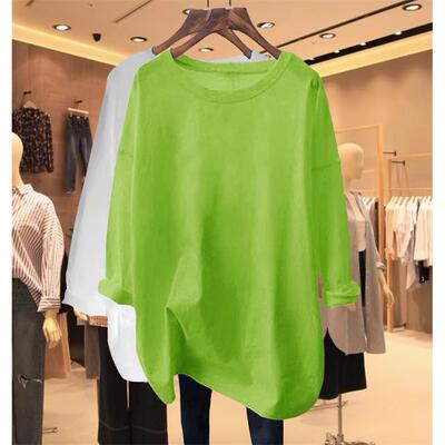 专柜牛油果绿纯棉长袖t恤女2025春秋新款宽松百搭中长版打底上衣