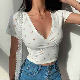 Slim Floral Cropped Women shirt Top Crop Cross Vintage Y2K