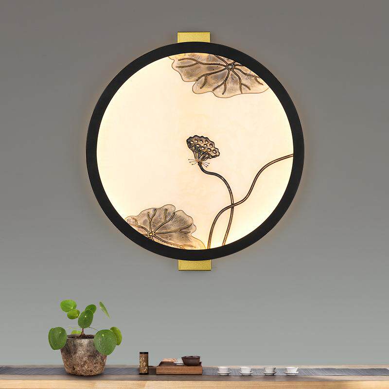 【荷花】 新中式装饰画壁灯 圆形超薄客厅门厅楼梯走廊茶室书房灯