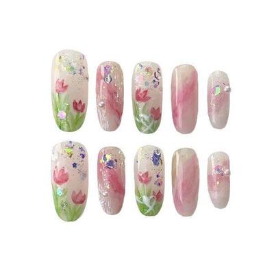 Pink Smudging Fake Nails with Tulip Printed Easy to Apply