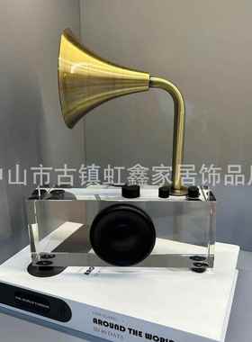简约现代复古水晶金属留声机样板间家居客厅书房创意桌面装饰摆件