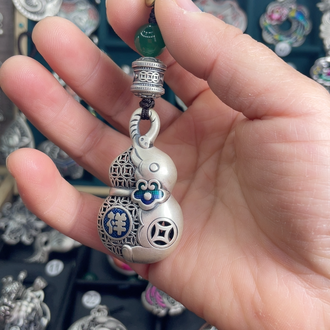 999.9纯银葫芦大象钥匙扣挂件珐琅吊坠