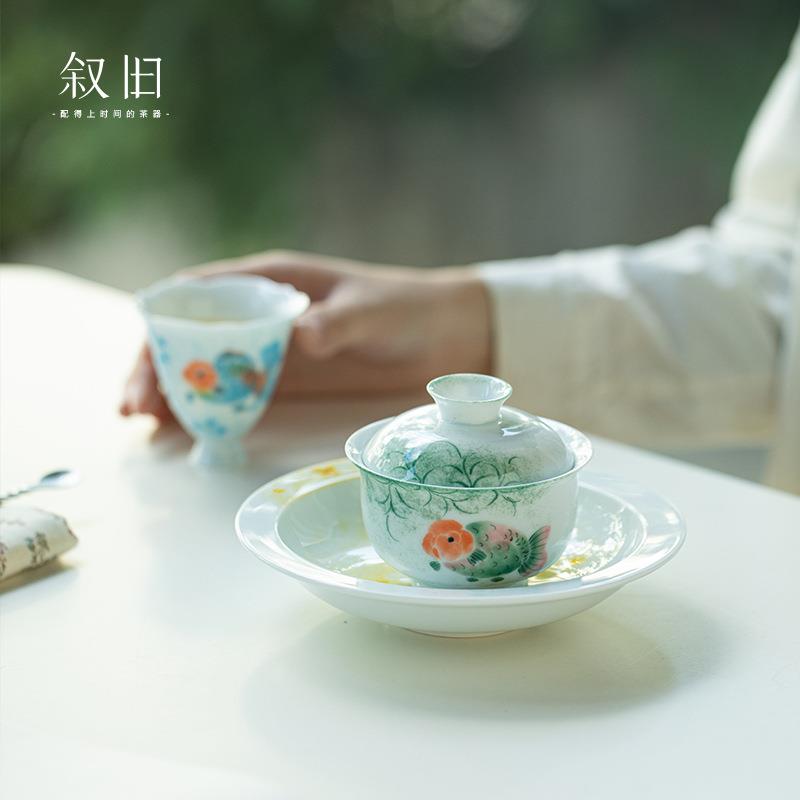 旧手锦鲤胖头盖碗陶瓷家用单大号防XJDP372烫叙功绘夫泡茶碗高档
