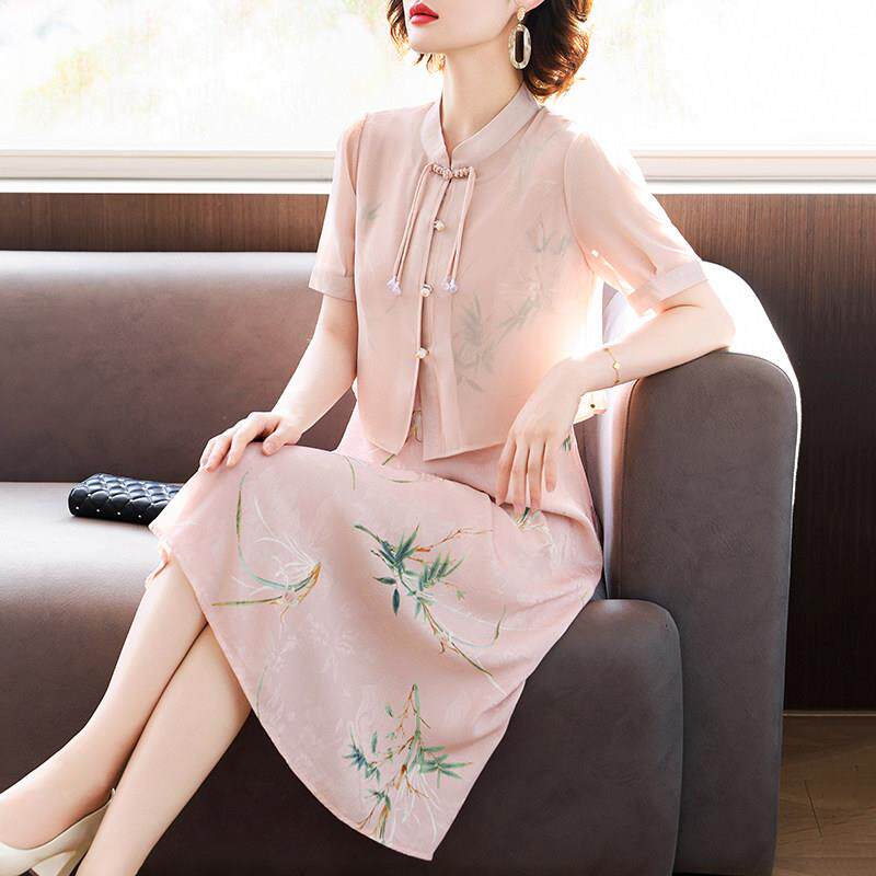 新中式妈妈夏装薄款真丝洋装国风两件套中老年女夏季气质长裙子