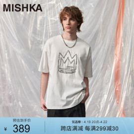 mishkanyc大眼球美式复古男士女，春夏宽松白色短袖纯棉t恤打底衫