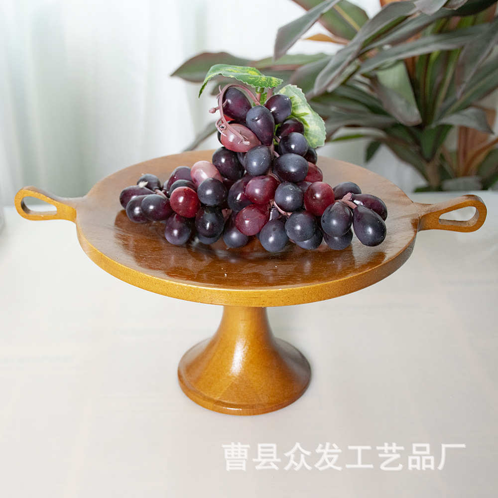 实木果盘法式复古木质水果点心托盘创意桌面艺术摆件高脚装饰果盘