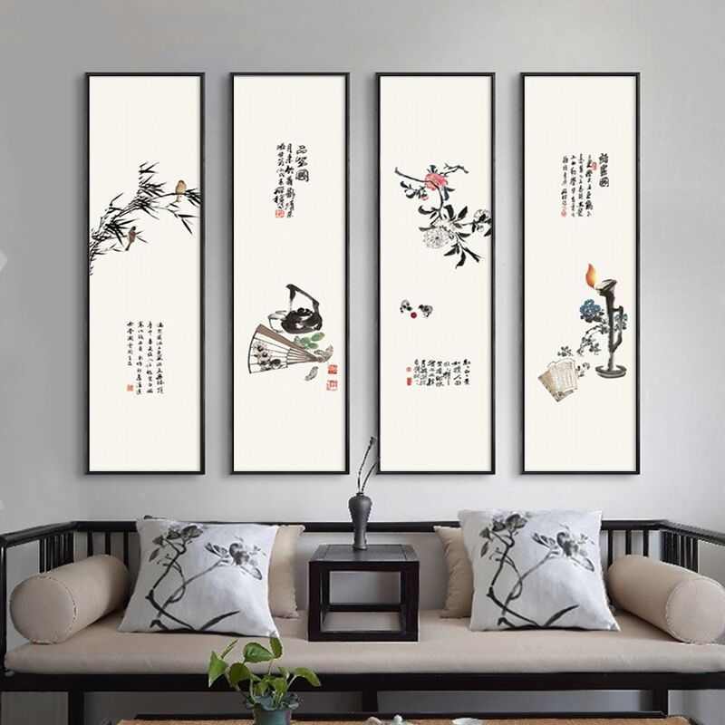 大芬油画村挂画客厅中式梅兰竹菊装饰画四联水墨荷花国画书房茶室图片