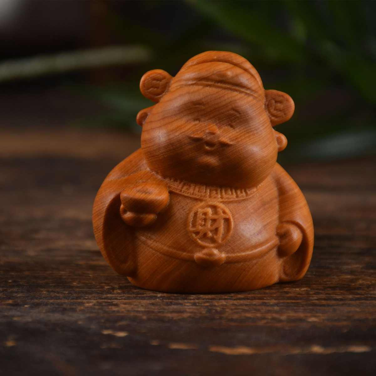 崖柏木雕财神手把件陈化高油圆财神工艺品车摆件桌面卡通Q版随身