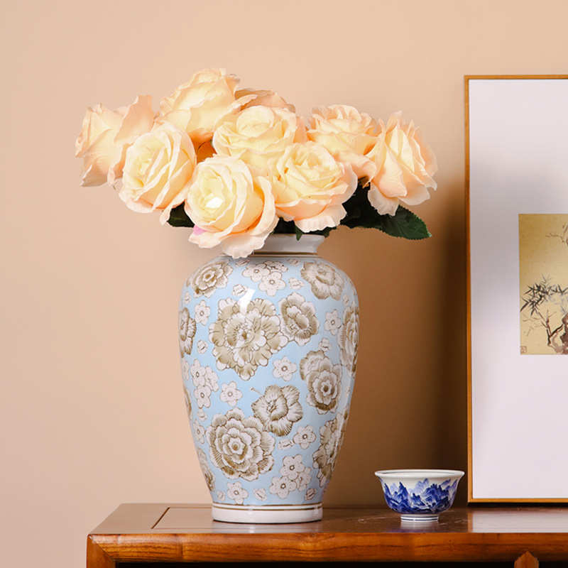 新中式景德镇陶瓷蓝色花瓶手绘复古青花瓷花瓶高级感客厅书房摆件